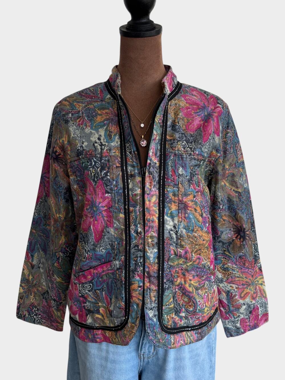 90s Vintage Life Style Metallic Cotton Floral Jacket Artsy Boho 70s Style Small